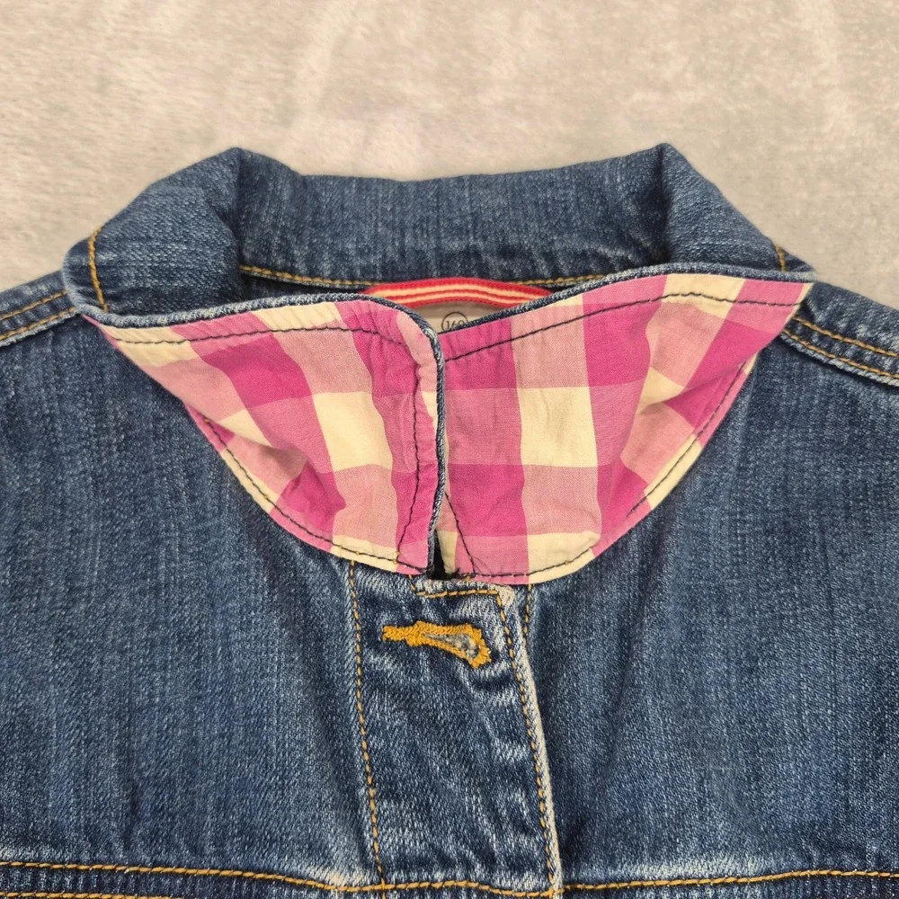 Hanna Andersson Girls Denim Jacket Blue Pink Gingham 160 XL 14 / 16 Youth Kids